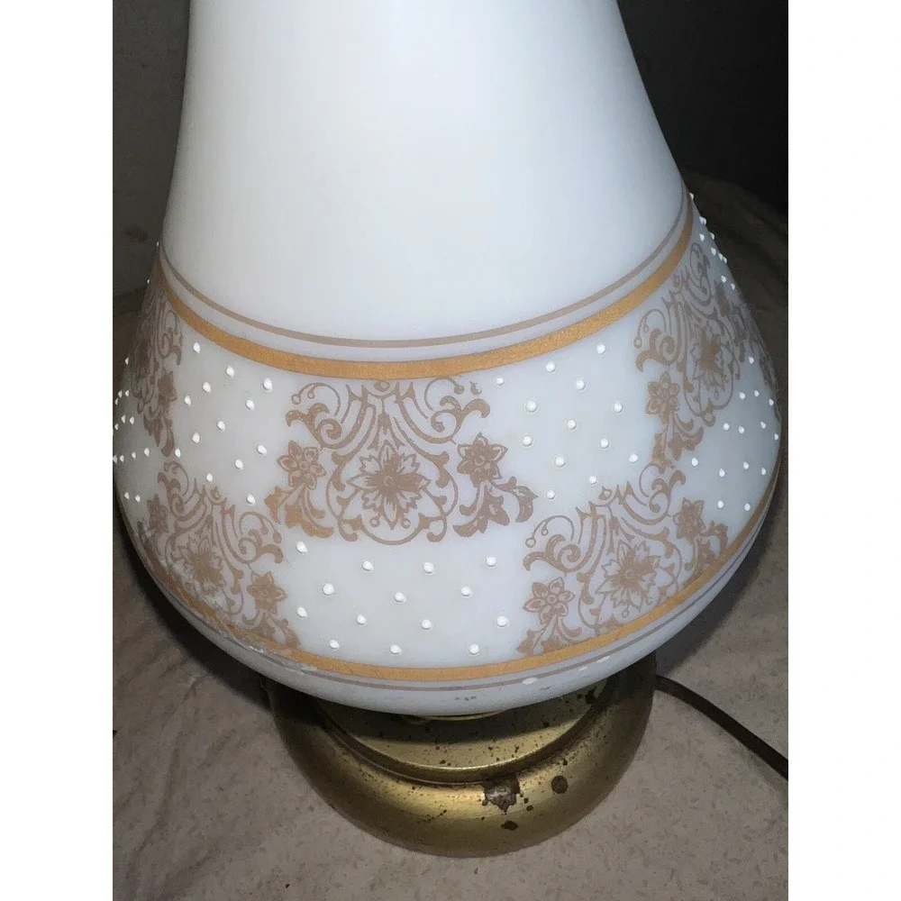 Vintage Leviton Porcelain Lamp Brass Patina White Gold Floral Glamour Style
